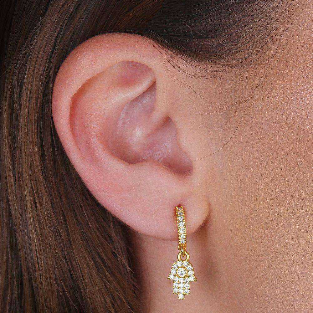 Brinco Dourado Argolinha Mãos de Fátima Cravejado Zircônia - Galeria